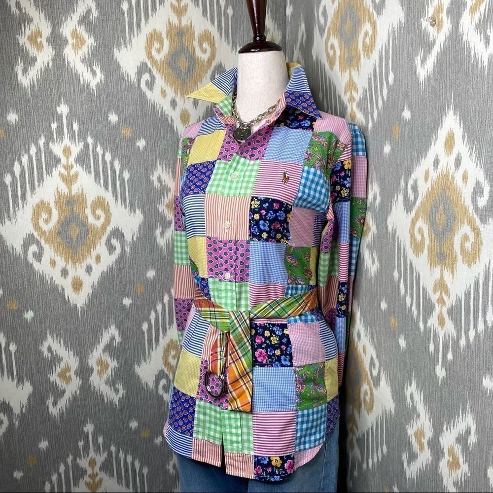 Ralph Lauren Classic Fit Multi Patchwork Cotton Poplin Button Up Shirt - Picture 12 of 16